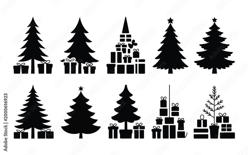Obraz premium Black silhouette christmas trees with gifts and presents on white background holiday symbols