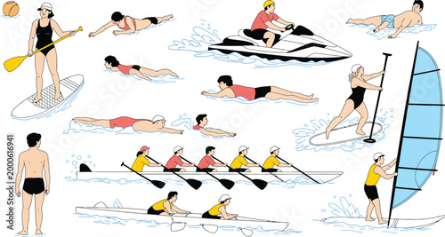 Large collection of diverse individuals participating in water sports including swimming, surfing, rowing, and jet skiing, active lifestyle concept, dynamic summer recreation vector illustration set.