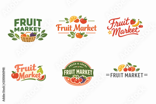 Fruit market logo set showcasing diverse designs with fruit market text, fresh produce, leaves, and various visual elements