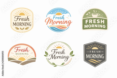 Fresh morning badge collection featuring sunrise, coffee, nature, and vintage style labels for a good start to the day