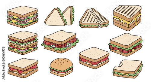 A collection of various sandwiches and a burger, illustrated in a simple, flat style with clean lines and vibrant colors.