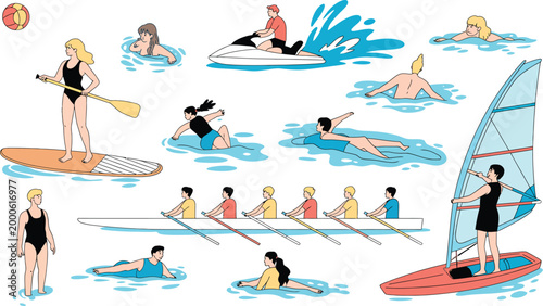 Water sports activity illustration collection featuring diverse people swimming, surfing, rowing, and jet skiing, outdoor adventure and athletic lifestyle concept, vibrant modern vector design.