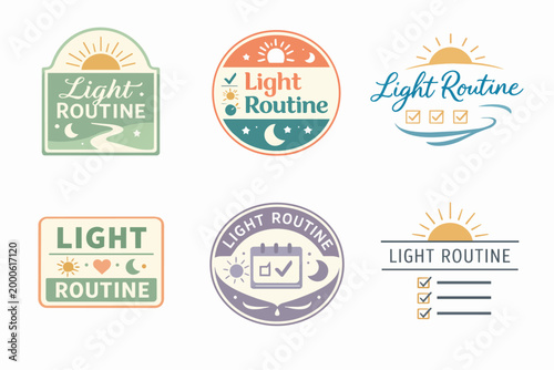 Branding collection displaying light routine logos with sun, moon, hearts, and daily task checklist icons for self-care