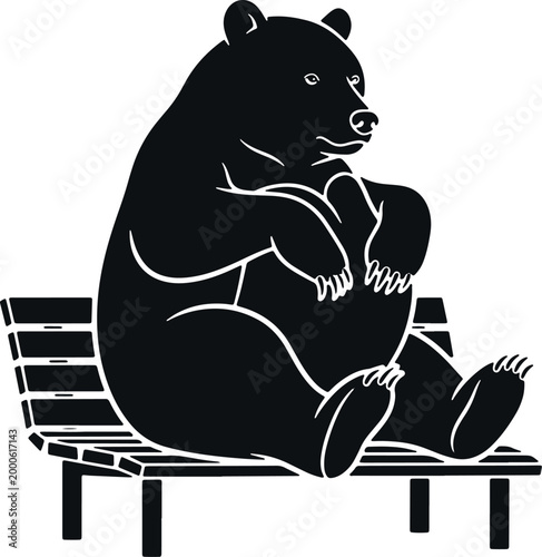 Black silhouette of large bear sitting on wooden park bench, artistically rendered, simple design, contemplative pose.