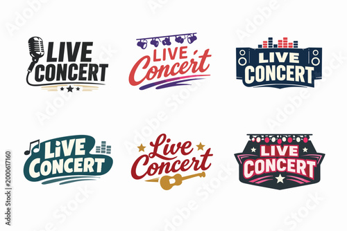 Live concert logo emblems set illustrating music event, festival, show, sound, and festival performance designs