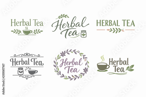 Herbal tea logo collection illustrating various branding options for organic, healthy, and natural drink products