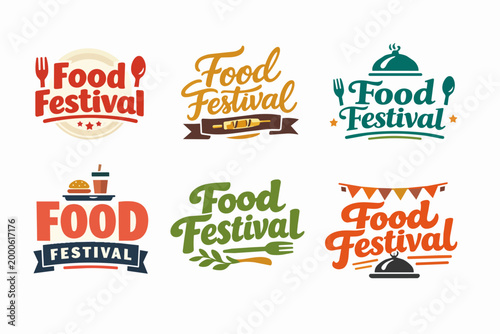 Food festival logo collection featuring diverse designs and typography for catering events, gourmet markets, and culinary celebrations