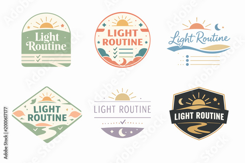 Light routine logo collection featuring sun, moon, stars, and checklist elements for morning and evening routines