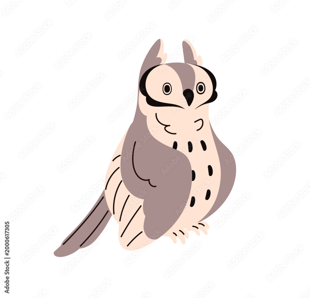 Obraz premium Cute polar owl with funny expression on face. Arctic owlet with surprised emotion sits. Night bird of prey. Wild and wise animal of forest with wings. Flat isolated vector illustration on white
