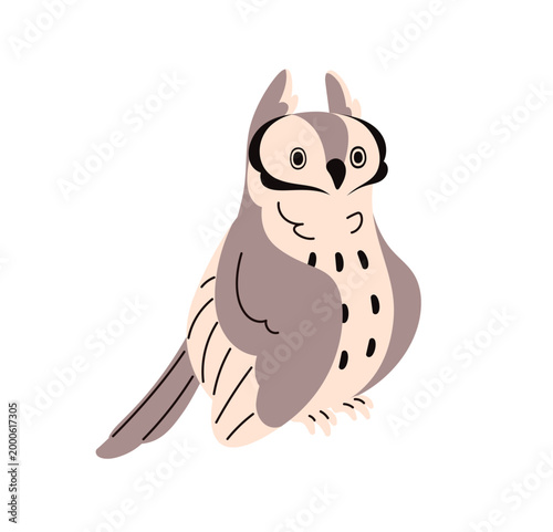 Cute polar owl with funny expression on face. Arctic owlet with surprised emotion sits. Night bird of prey. Wild and wise animal of forest with wings. Flat isolated vector illustration on white