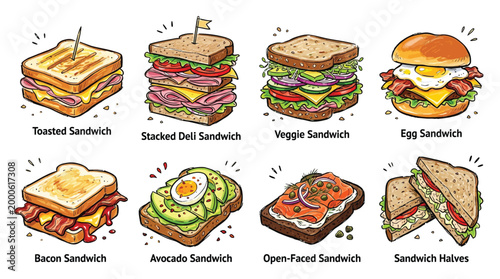 A vibrant illustration showcasing a diverse collection of eight distinct and appetizing sandwiches, each labeled with its name.