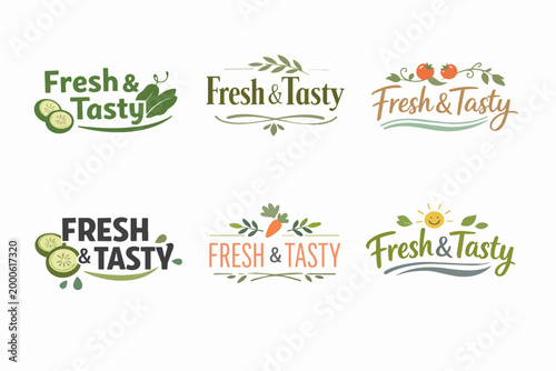 Fresh and tasty food product labels collection featuring organic produce and healthy lifestyle concepts