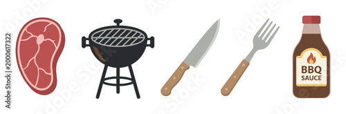 Various barbecue cooking essentials including a raw steak, a charcoal grill, a knife, a fork, and a bottle of BBQ sauce, arranged horizontally.