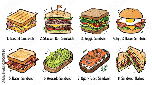 A colorful illustration showcasing eight different types of sandwiches, from classic toasted and stacked deli to modern avocado and open-faced options.