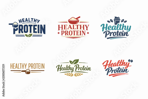Healthy protein product branding concepts. Six different logo designs with text, leaves, scoops, bowls, shakers, and dumbbells