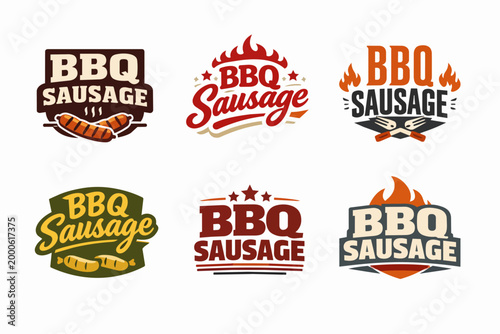 Bbq sausage logo set featuring flame, grill, and fork elements, creating vintage labels for barbecue food concepts