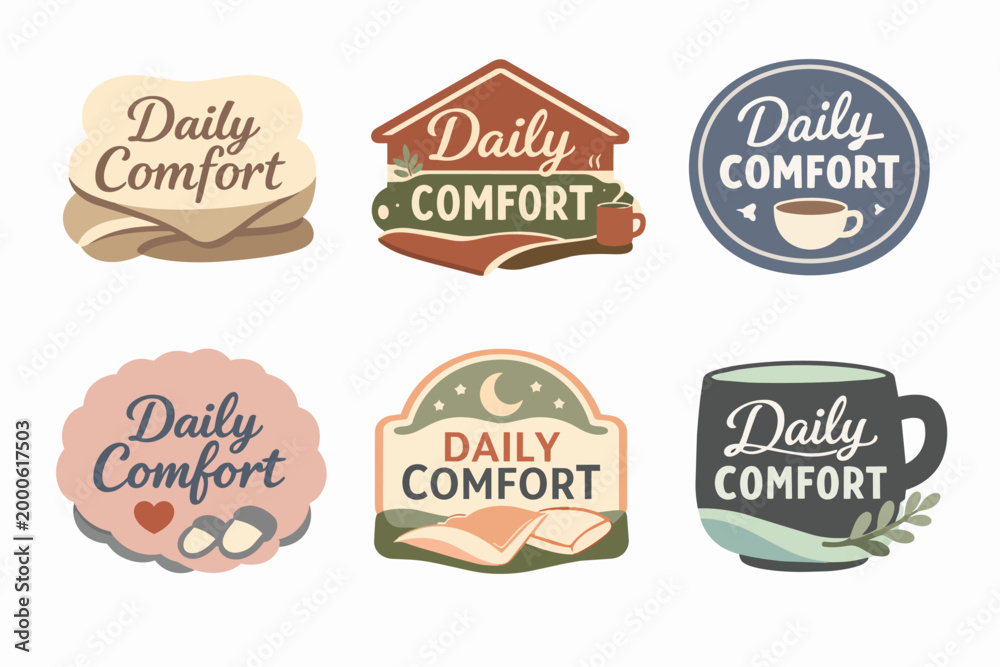 Obraz premium Daily comfort logos collection with various cozy elements like coffee, home, bed, slippers, and blankets