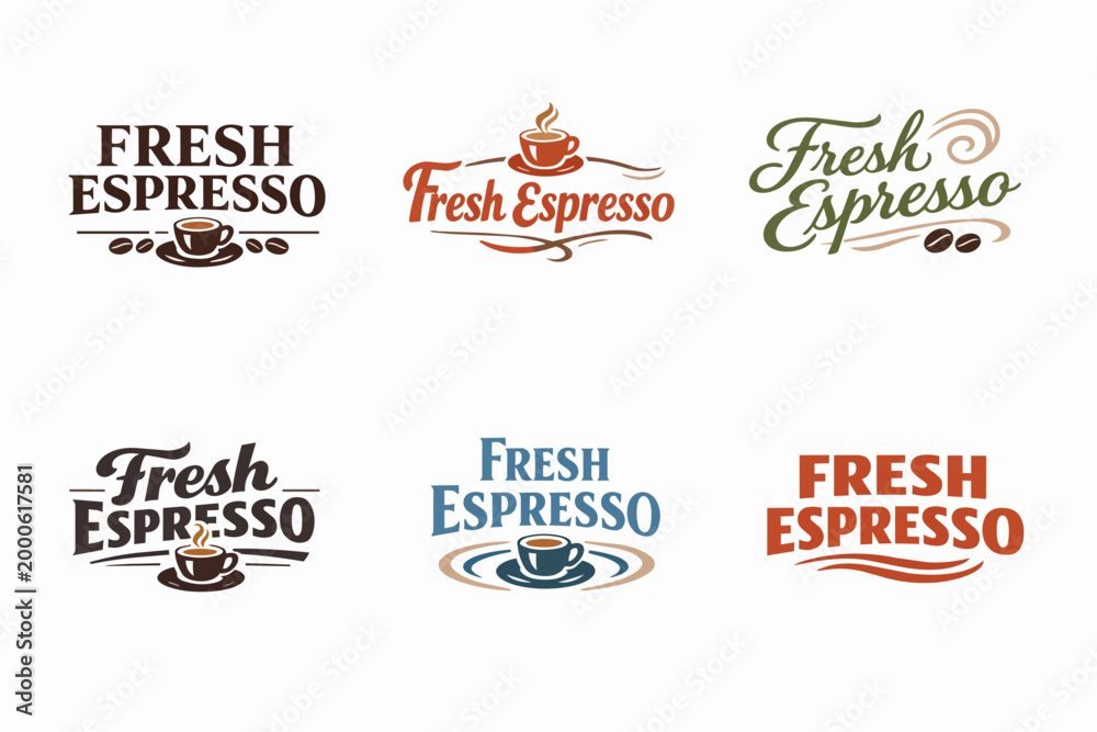 Obraz premium Set of fresh espresso logos illustrating various design approaches for coffee shop branding and packaging