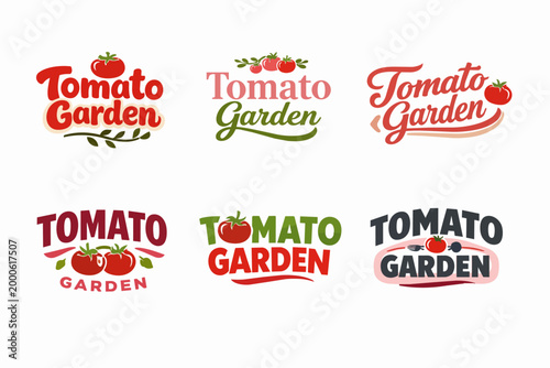 Tomato garden logo concepts set with various typography styles and ripe red tomatoes for agricultural branding