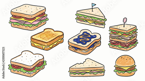 A vibrant collection of various sandwiches and a burger, showcasing different fillings and bread types, presented in a playful, illustrative style.