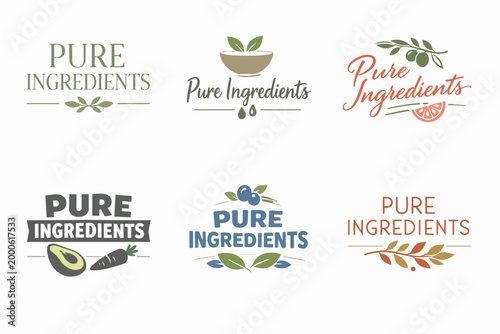 Pure ingredients logo collection for natural, organic, healthy food and cosmetic products, with plants and fruits