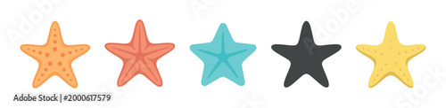 Five colorful cartoon starfish in a row are arranged horizontally, showcasing a vibrant collection of marine life illustrations with a playful and simple design.