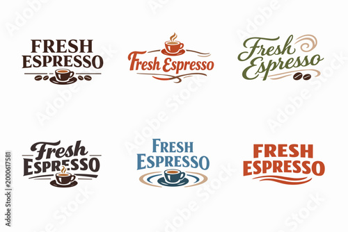 Set of fresh espresso logos illustrating various design approaches for coffee shop branding and packaging