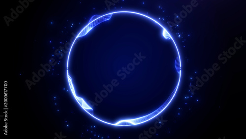 Neon blue circle frame with glowing ring, scattered particles and dark abstract technology style, electric light halo and futuristic digital mood.