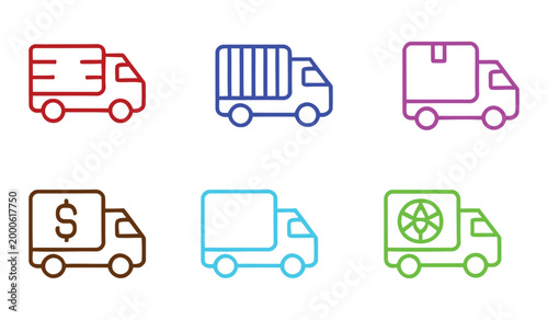 Colorful delivery truck icon set, flat outline vector collection featuring cargo vans, parcel shipping, payment delivery, recycling transport, and logistics service symbols for ecommerce and courier d