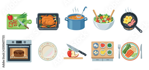 Cooking food preparation process icons illustrate various culinary steps from chopping fresh ingredients and baking to frying and serving delicious, healthy meals.