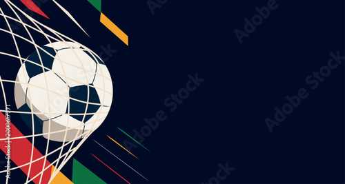 Football championship. Soccer ball in a net, hitting the goal, flat style. Modern football vector horizontal banner, minimalist composition, for sports campaigns, championships, promotional materials