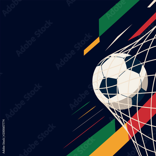 Football championship. Soccer ball in a net, hitting the goal, flat style. Modern football vector banner, minimalist composition, perfect for sports campaigns, championships, promotional materials