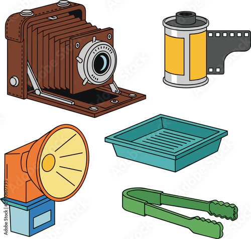 Vintage Photography Icon Set with Camera, Film, Loudspeaker, Tongs, and Photo Equipment for Websites, Apps, and Digital Media Designs.