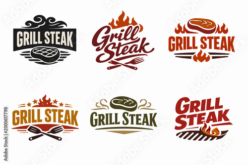 Collection of grill steak logos, emblems, and icons for barbecue restaurants, steakhouses, and butcher shops