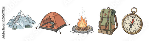 Camping and hiking equipment collection featuring mountains, a cozy tent, warm campfire, sturdy backpack, and reliable compass for outdoor adventures.