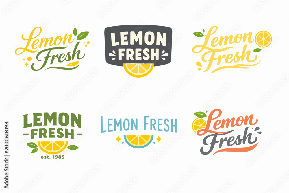 Fototapeta premium Lemon fresh logo collection presenting diverse designs with fruit, leaf, and sparkling elements for beverage and food branding