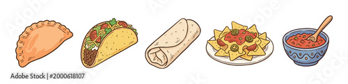 Delicious Mexican food items including empanada, taco, burrito, nachos, and salsa are beautifully illustrated in a vibrant, hand-drawn cartoon style, perfect for menus or cultural themes.
