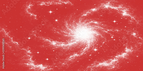 A celestial spiral galaxy, a cosmic dance of light and energy, swirls against a vivid red canvas, filled with stellar nebulas and glistening stars.