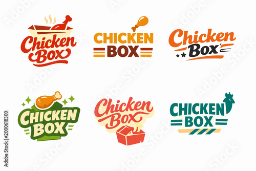 Chicken box logo set featuring various designs with fried chicken, boxes, drumsticks, and roosters for fast food branding
