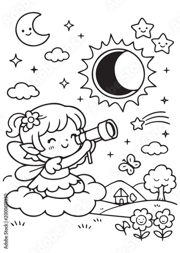coloring book page fairy stargazing from a cloud with a telescope under the night sky