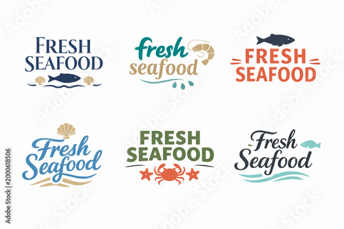 Fresh seafood logos set featuring fish, shrimp, crab, and shells, ideal for restaurant branding and market labels