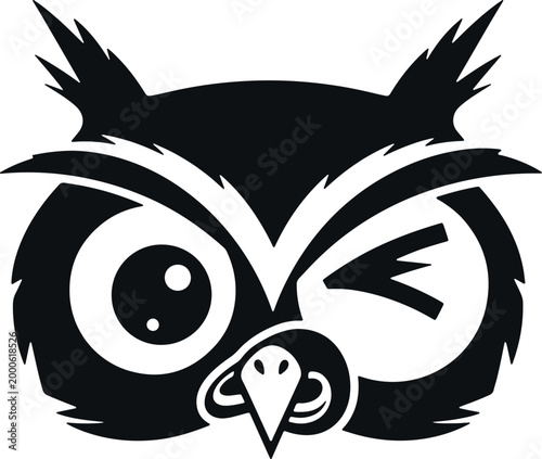 Owl face winking one eye illustration vector silhouette.