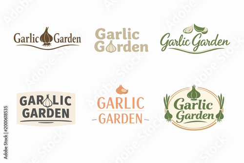 Garlic garden logo design set showing various design options for organic food brands and culinary product packaging