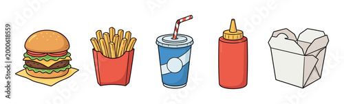 Delicious fast food items including a hamburger, french fries, and soda drink, alongside a ketchup bottle and a takeout container, representing popular quick meal options.