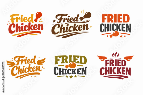 Fried chicken restaurant logos collection. Creative typography designs for fast food menu, delivery, or food service branding
