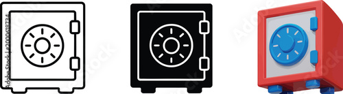 Bank and finance security icon set with safe vaults, locks, shields, and security symbols, money protection and financial safety concept, minimal clean vector illustration collection.