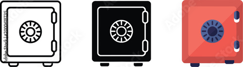 Safe and security vector illustration set featuring safes, bank vaults, finance icons, security symbols, and banking protection elements, clean modern financial safety concept design collection.