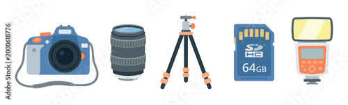 Photography equipment including a digital camera, interchangeable lens, compact tripod, memory card, and external flash unit are neatly arranged in a clean, modern illustration.