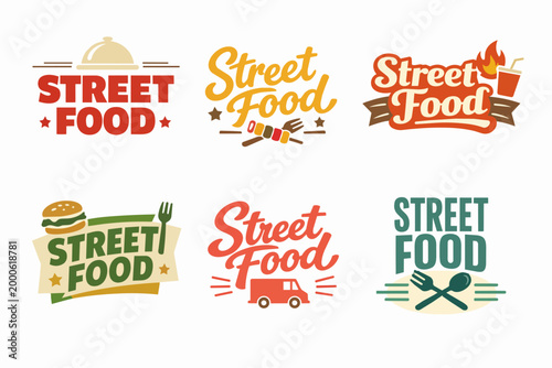 Street food collection presenting various badge designs for restaurants, food trucks, and fast casual dining