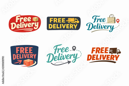 Free delivery service icon set illustrating online shopping and e-commerce logistics, offering shipping promotions